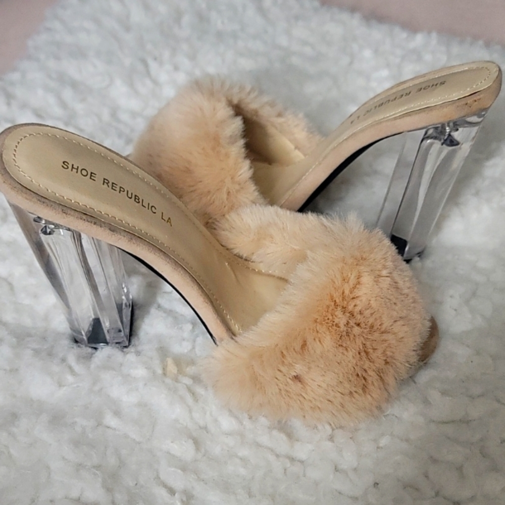 Open toe, Fur trimmed, Glass heels, Size 7.5 US (Fits for Size 7) Heel Height 5"